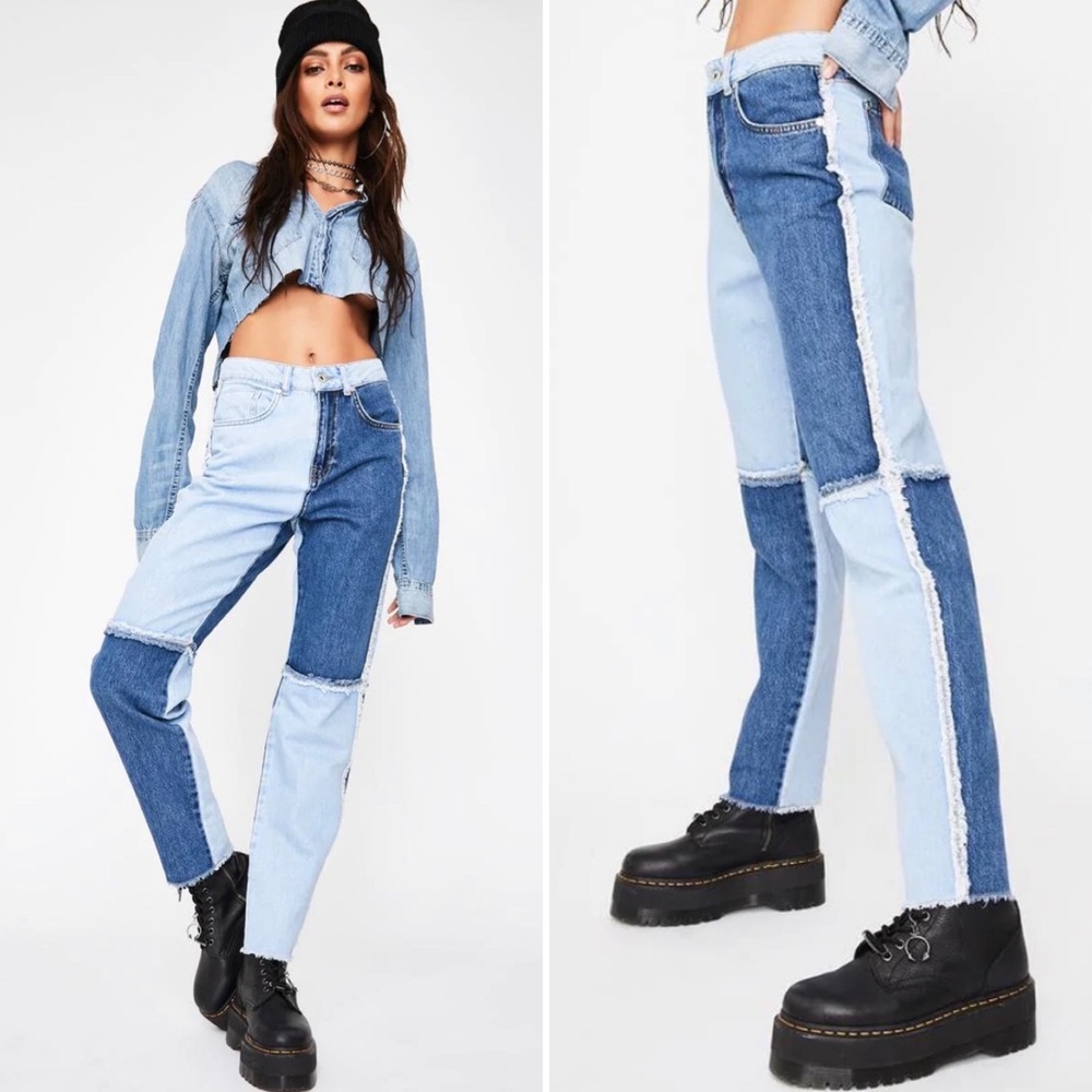 Ragged Priest Mom Jeans Pant High Equilibrium Patchwork Denim Tapered Indigo - Picture 3 of 14